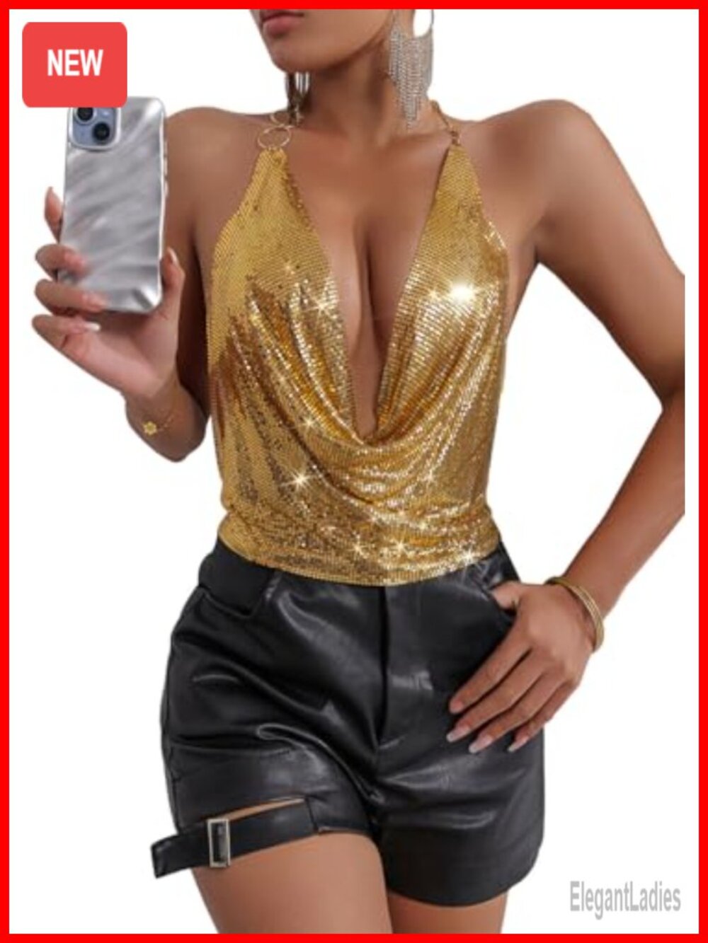 Sequin Body Chain Halter Crop Top Backless V Neck Clubwear